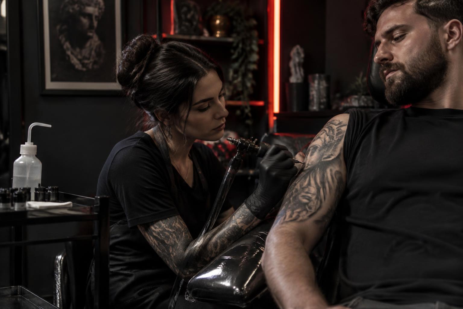 Tattoo artist working with a client